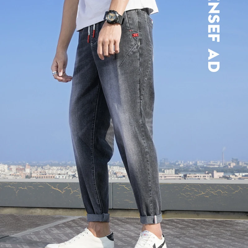 Джинсы мужские однотонные уличные модные повседневные брюки средней длины