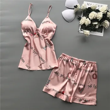 

New Arrival Stain Fashion Woman Pajamas Sexy Deep V Spaghetti Strap Shorts Twinset Sleepwear
