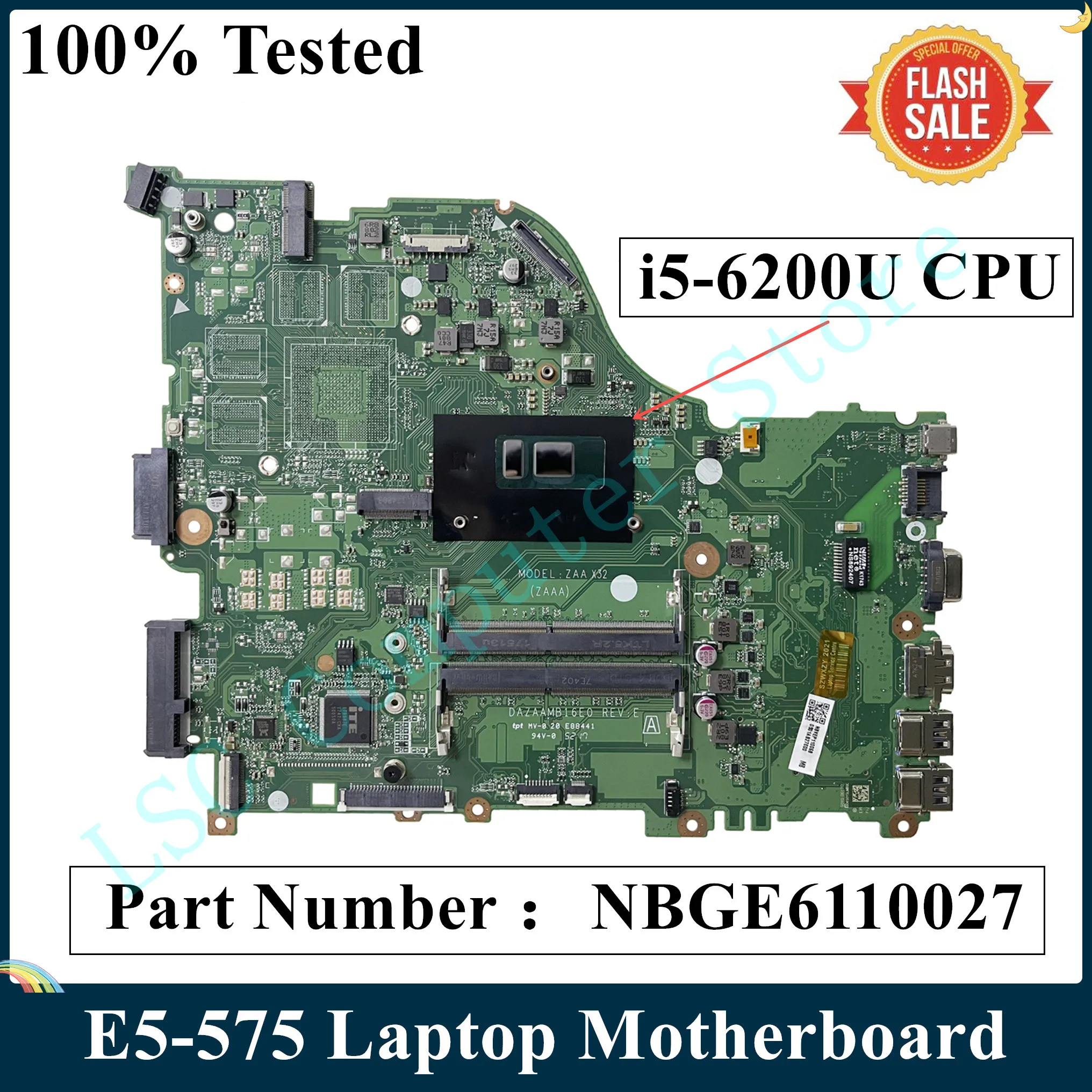 Материнская плата LSC для ноутбука Acer Aspire E5-575 с процессором I5-6200U NBGE6110027 DAZAAMB16E0 REV:E