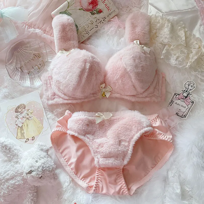 Soft Girl Sexy Cute Bow Plush Rabbit Ear Push Up Underwire Bra & Panties Sweet Lolita Kawaii Large Size Lingerie Underwear Set sexy bra and panty set Bra & Brief Sets