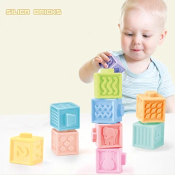 

Soft Rubber Building Blocks Baby Toys Early Educational 3D Touch Hand Grasp Squeeze Teether Toys Stack Block Set Bath Ball Toys