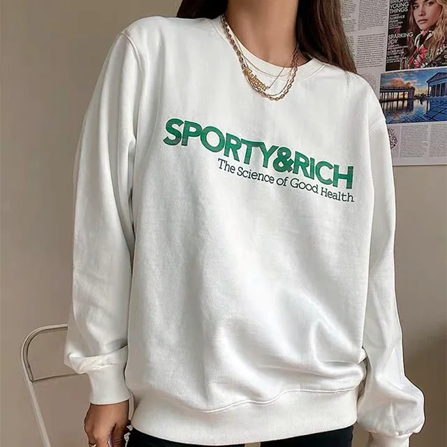 Calelinka American Vintage Sporty Rich Letters Print White Cool Women Pullover Round Neck Cotton Loose Sprot