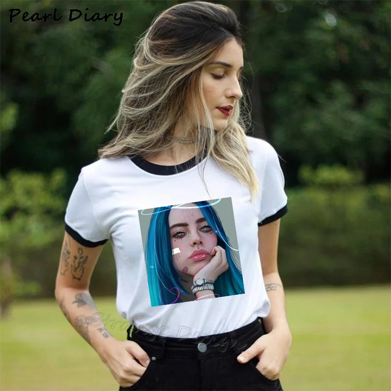 Billie Eilish Футболка Harajuku с круглым вырезом и короткими рукавами Повседневная футболка женская уличная хип-хоп футболка крутой для хипстеров футболки с графикой