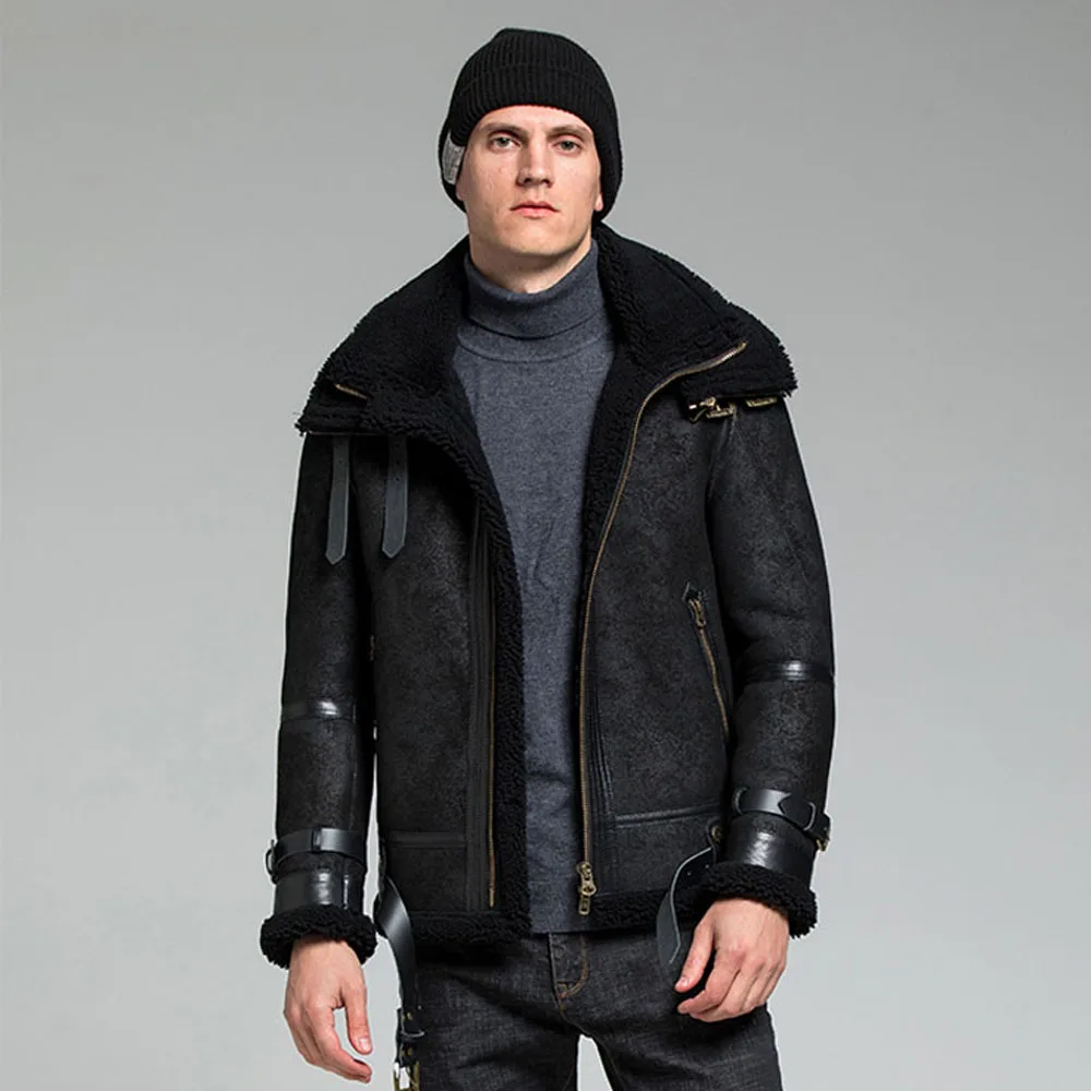 Luxury Double Collars Long Zipper Till the End of Collars Black Thicken Real Natural Shearling Fur Jacket Slim Genuine Leather