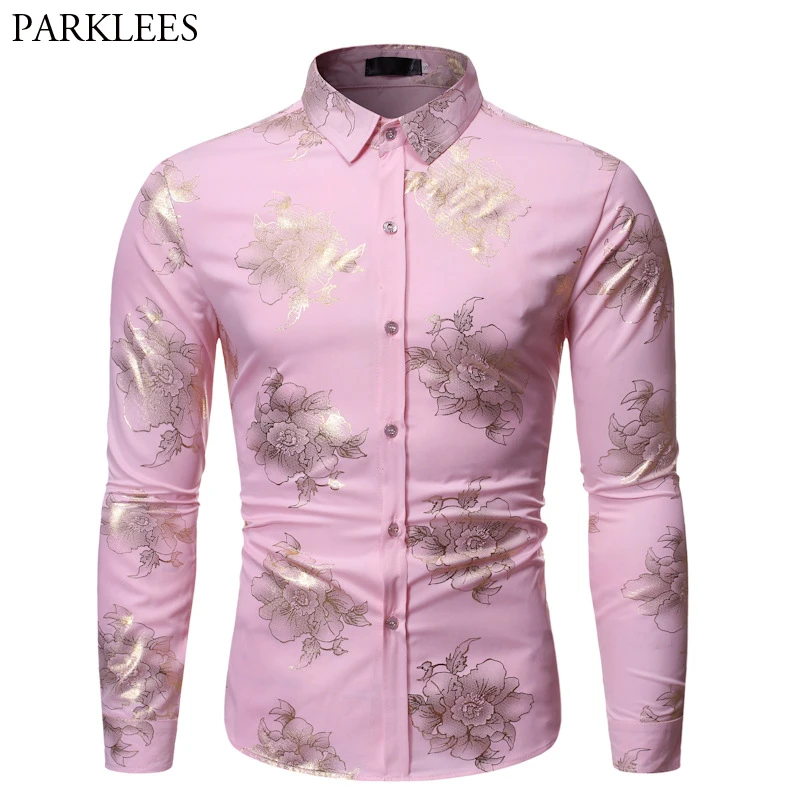 Shiny Gold Floral Print Rosa Hemd Manner 19 Marke Neue Slim Fit Langarm Herren Shirts Party Hochzeit Casual Sozialen Shirt Legere Hemden Aliexpress