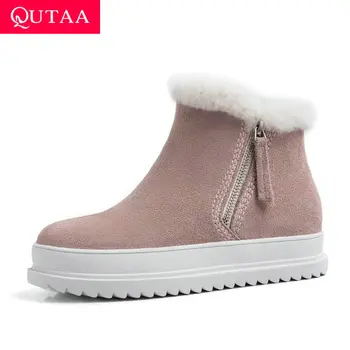 

QUTAA 2021 Snow Boots Round Toe Cow Suede Zipper Women Ankle Boots Winter Keep Warm Wedge Heel Ladies Shoes Big Size 34-43