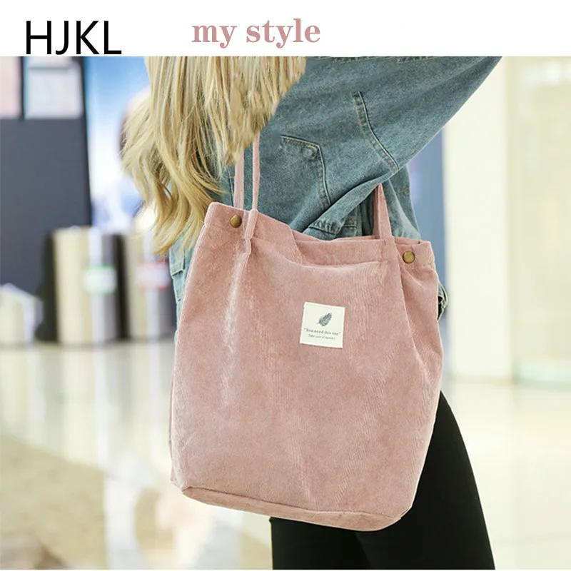 

2020 New High Capacity Women Corduroy Tote Ladies Casual Solid Color Shoulder Bag Foldable Reusable Women Shopping Bag Beach Bag
