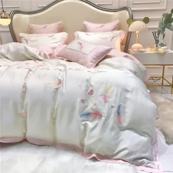 

Spring and Summer Simple Wind 60 Double-Sided Tencel Four-piece Set White Silky Feather Embroidered Quilt Bare Sleeping Bedding