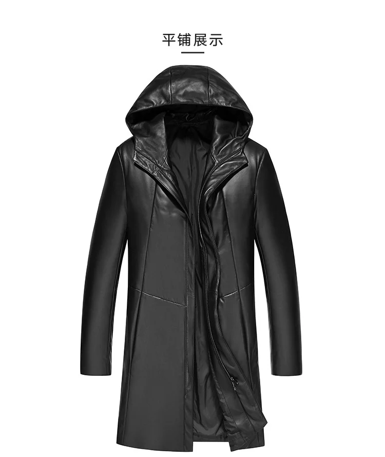 Genuine Autumn Sheepskin Leather Jackets Men Hooded New Black Long Down Jacket Men's Winter Casaco Masculino Gmm24 genuine leather trench coats