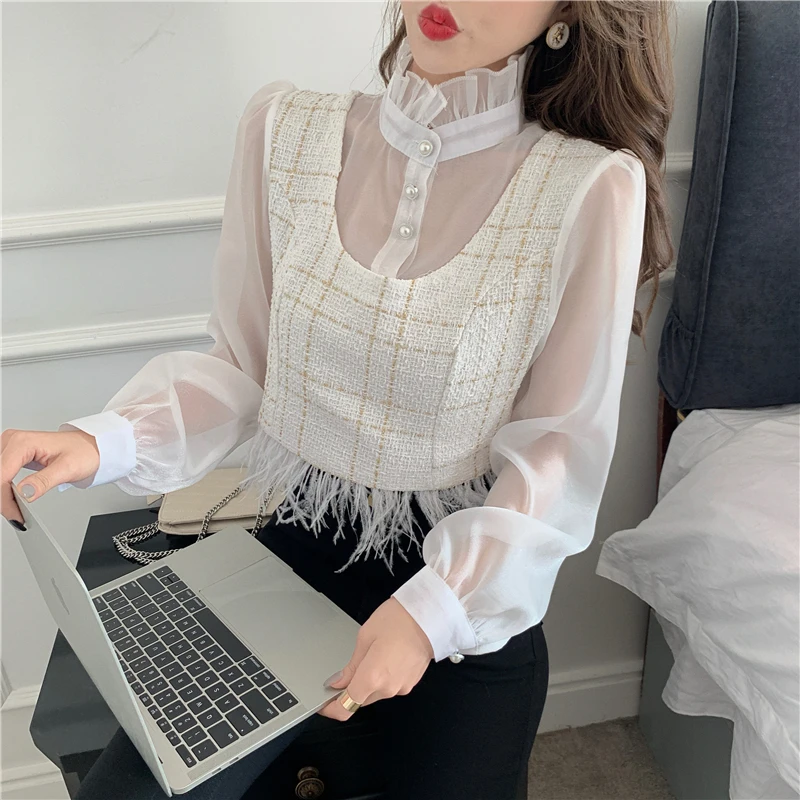 Поддельные две части кисточкой blusas mujer de moda женские рубашки модные брендовые блузки укороченный топ женские топы винтажные осенние стильные новые