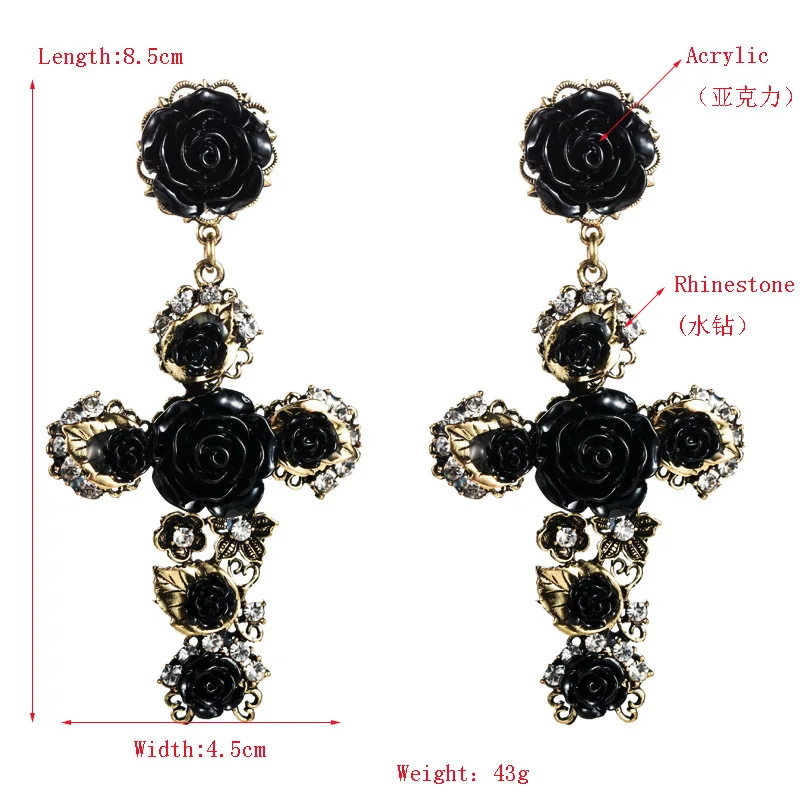 KMVEXO Baroque Vintage Gold Cross Earrings for Women Girls Enamel Rose Flowers Earrings Brincos Fashion Statement Jewelry 2020