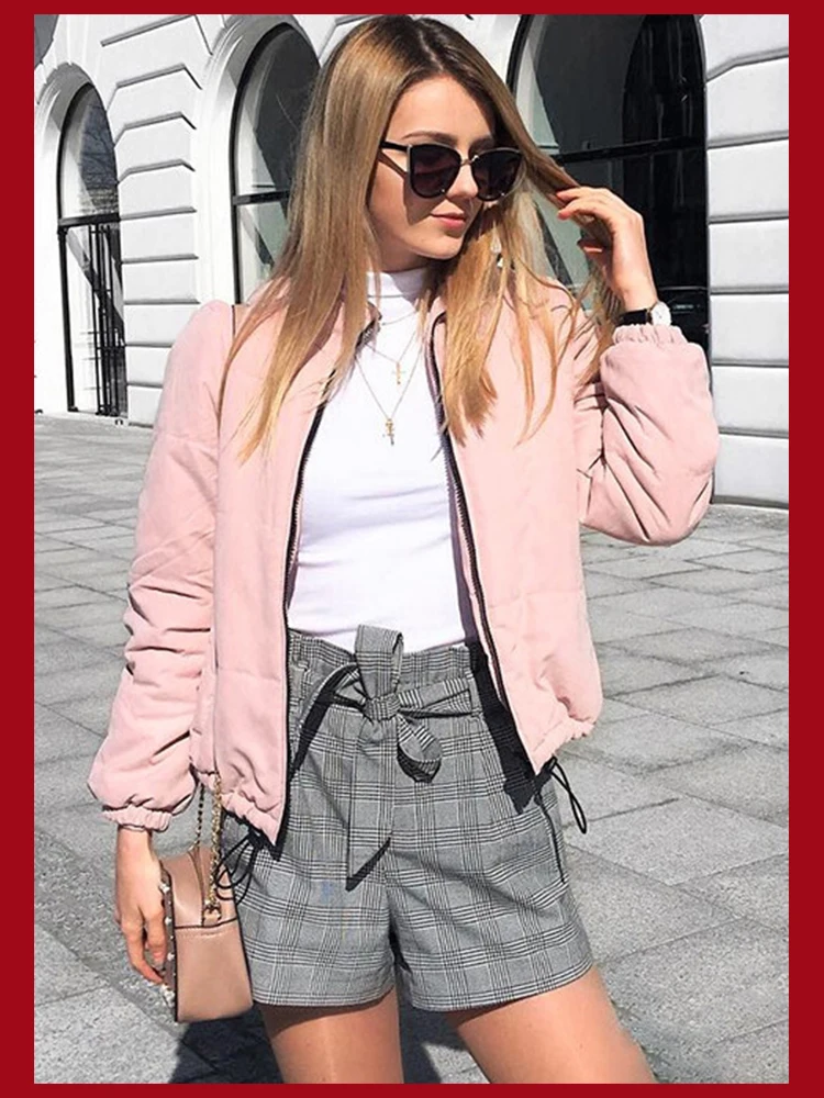  Dotfashion Pink Pocket Zip Front Puffer Jacket Women Coats And Jackets Casual Winter 2019 Clothing 
