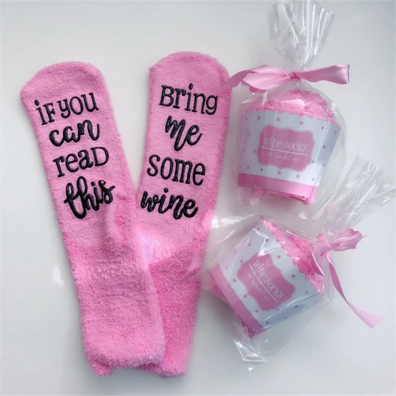 Розовые махровые носки с принтом вина носки из кораллового флиса для девочек женские утепленные зимние мягкие носки-тапочки рождественские носки, подарок на год