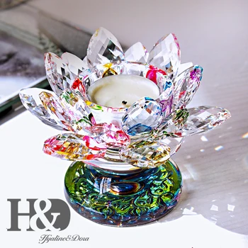 

H&D Crystal Glass Lotus Flower Candle Tea Light Holder Buddhist Candlestick Home Wedding Holiday Party Decoration Accessories