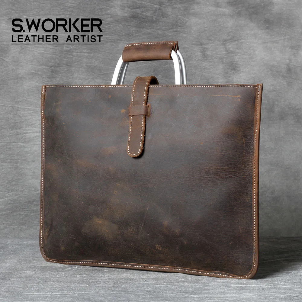 

S.WORKER Genuine Leather Men's Handbag Simple Briefcase Shoulder Bag Cowhide Leather Messenger Bag Crazy Horse Leather Women