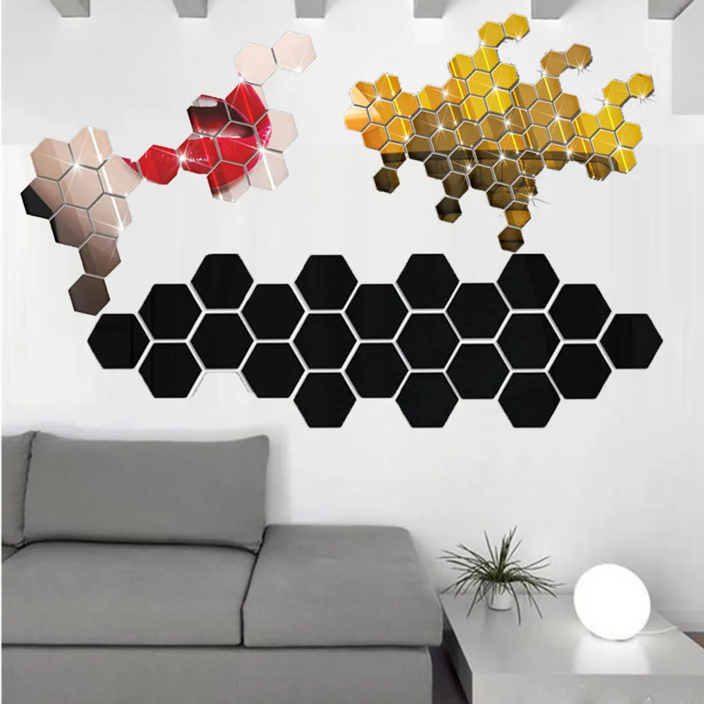 12Pcs Wall Sticker 3D Mirror Hexagonal Vinyl Removable Decal Home Decor 