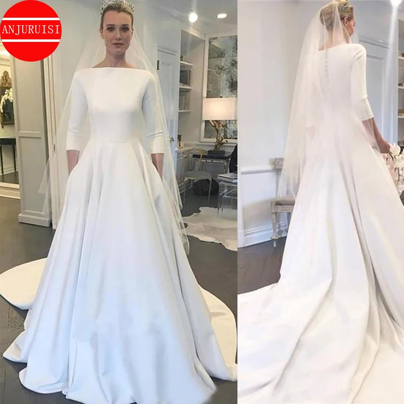 Свадебное платье с рукавом три четверти 2020 г. Meghan Markle Style вырез лодочкой пуговицы