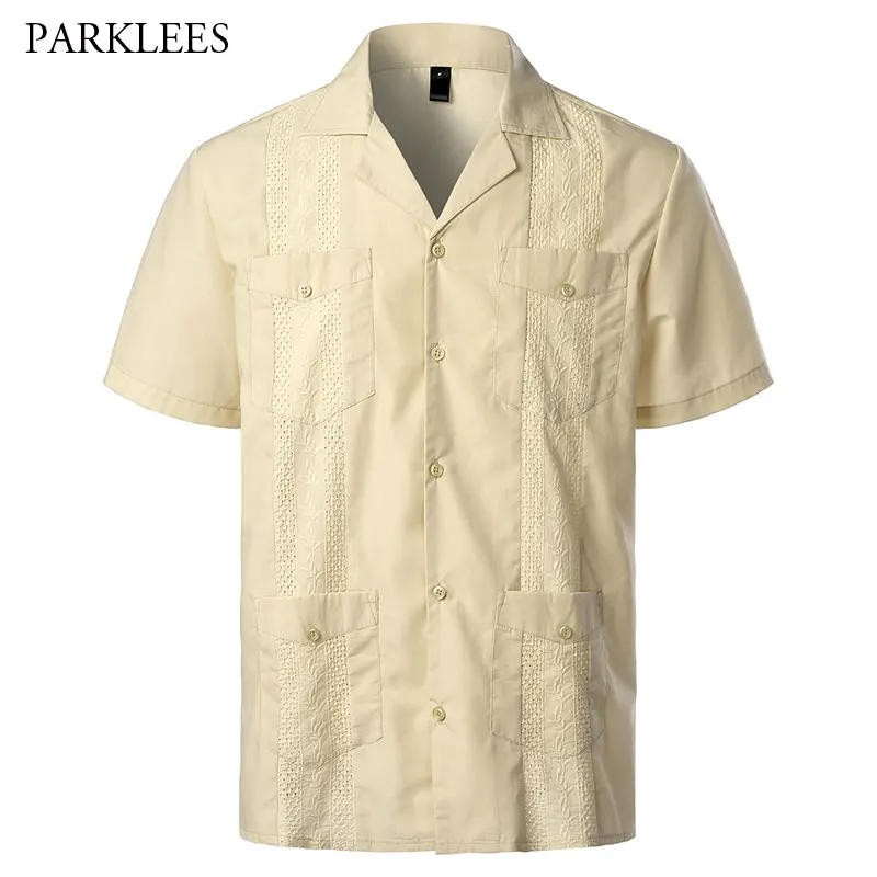 Embroidery Floral Patchwork Shirts for Men Casual Multi-Pocket Mens Short Sleeve Shirt Cuban Camp Guayabera Ethnic Men Clothing 4