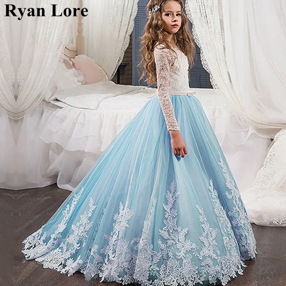 

Elegant Light Blue Flower Girl Dresses 2020 New Appliques Long Sleeves Princess For Weddings First Communion Dress Pageant Gowns