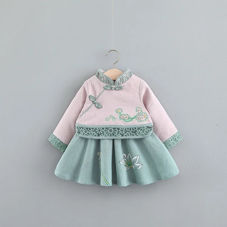 New Baby Dress Girl Baby Vertical Collar National Style Long Sleeve Chinese Dress Children One Piece Clothing Gift Cute Fashion