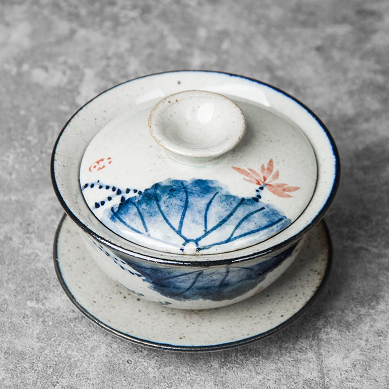 Hand Painted Lotus Gaiwan For Tea Pottery Tureen With Lid Teaware Kung Fu Tea Ceremony Set Coffee Cups Bowls Fish Chawan