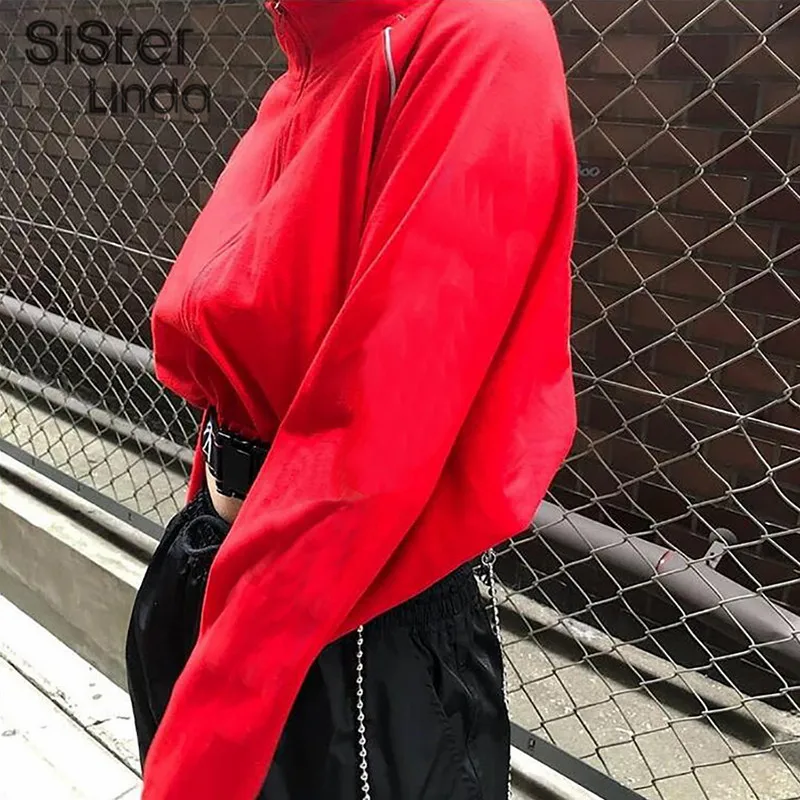 Sisterlinda толстовки на молнии с капюшоном женские модные полосатые укороченные топы Mujer осень светоотражающие полосы с ремешком спортивная одежда