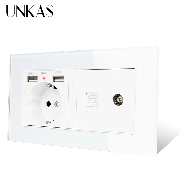 UNKAS класса люкс Стекло Панель Европейская Сетевая розетка с двумя портами USB