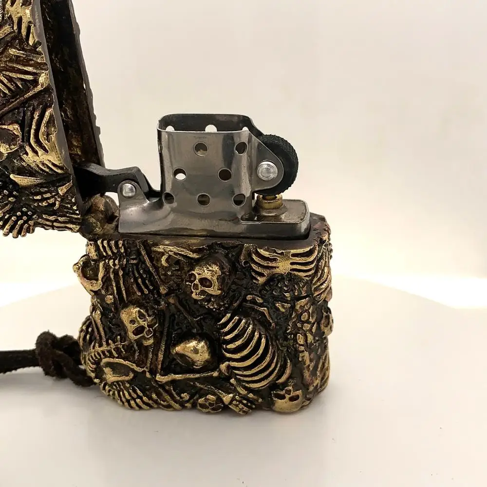 LDD смотреть видео тибетское серебро латунь Фиолетовый Медь ручной работы 3D череп кости тиснением зажигалка
