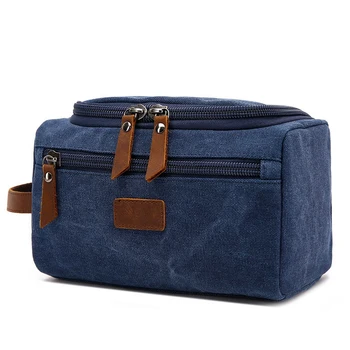

Blue Canvas Toiletry Bag for Men Wash Shaving Kit Women Travel Make UP Cosmetic Pouch Bags Case Organizer