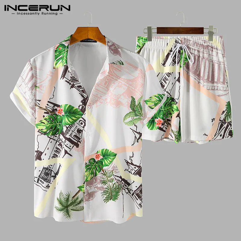 Sets Short-Sleeve Hawaiian-Sets INCERUN Casual Men 2pieces Shirt Streetwear Printed Summer