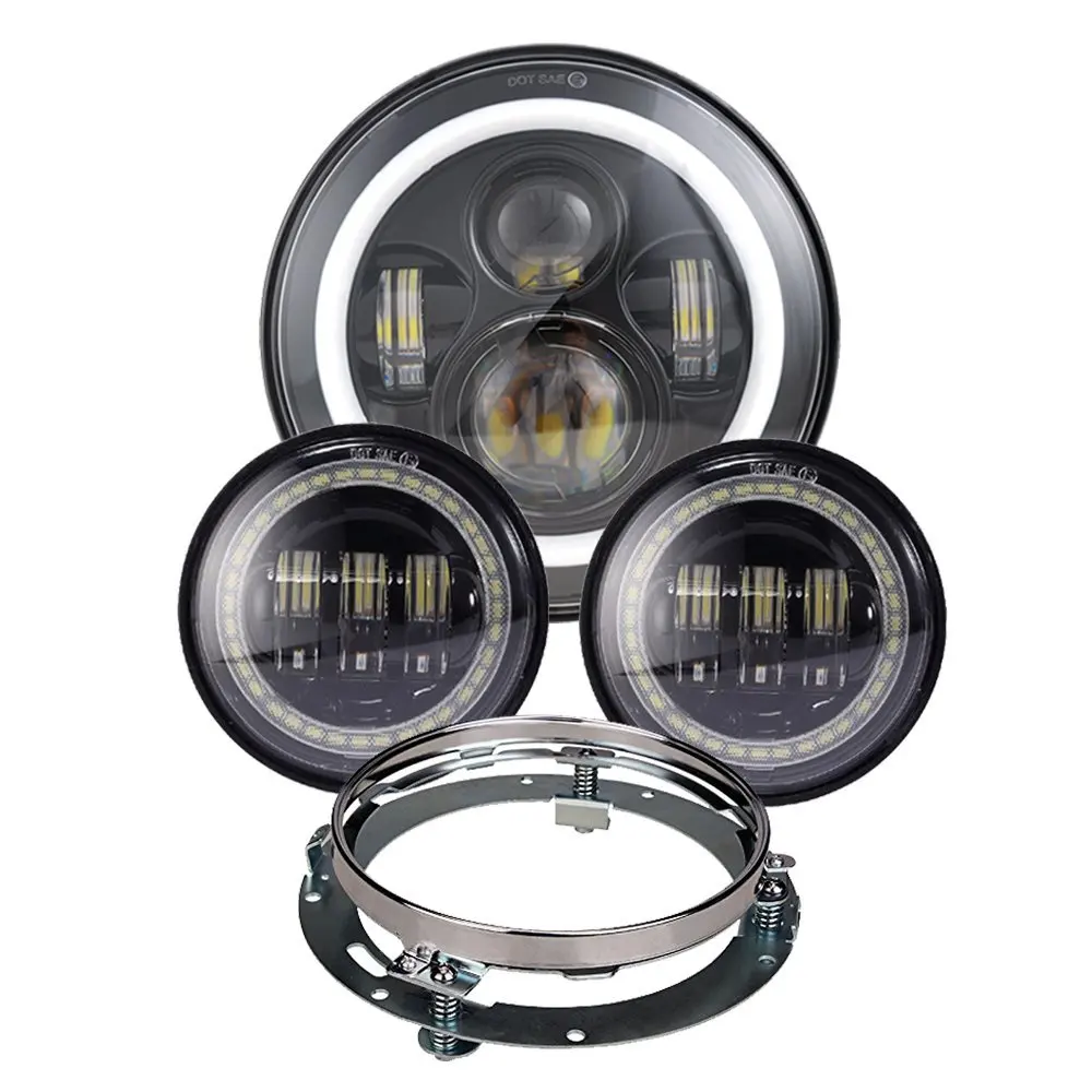 Black D 7 дюймов светодиодный мотоцикл комплект для сборки фар и 4,5 дюймов светодиодный Противотуманные фары ближнего света для Harley Touring Dyna Cafe Racer Bobber Road King - Цвет: Black D