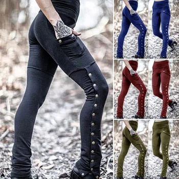 

Hot Sale 2019 Women High Waist trousers Solid Color Tight Pants Pencil Trousers Rivets Women's Pants With Split Legs IE998