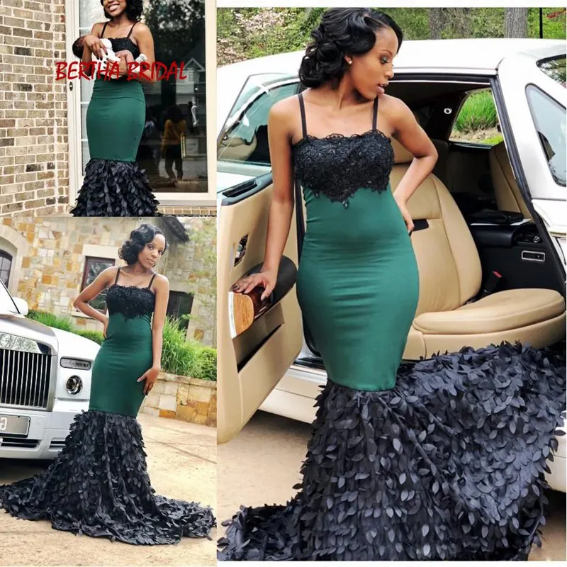 Великолепный темно-зеленое платье для выпускного вечера на тонких бретелях с длинным шлейфом 3D Цветочные Русалка Африканское платье для выпускного черные Вечерние платья