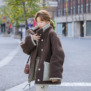 

Double-sided wearing a coat and winter new Korean imitation lamb's wool collar loose stitching thick coat