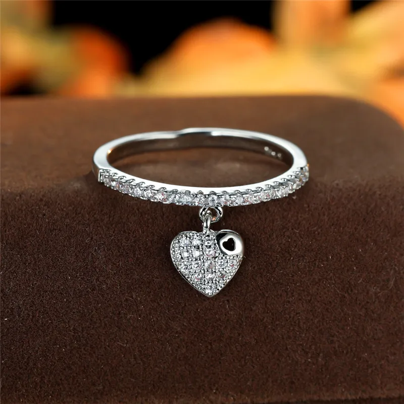 Female Crystal Heart Pendant Rings Gold Silver Color Engagement Ring Charm White Zircon Wedding Jewelry For Women crystal rings engagement rings zircon rings fashion rings wedding rings fashion ring finger rings metal rings