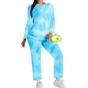 

Spring Autumn 2 Pieces Suit Set Women’ s Tie-Dye Print Round Neck Long Sleeve Casual T-Shirt and Trousers
