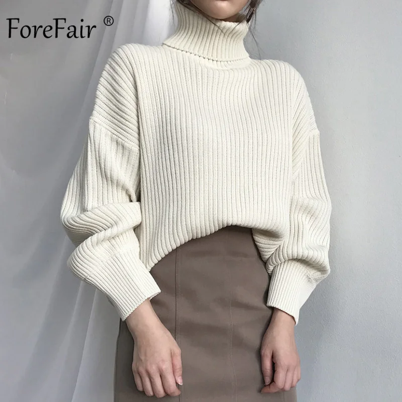 Forefair, свитер с высоким воротом большого размера, женский,, Повседневный, рукав-фонарик, ВЯЗАННЫЙ ПУЛОВЕР, однотонный, белый, женский, зимний, теплый свитер