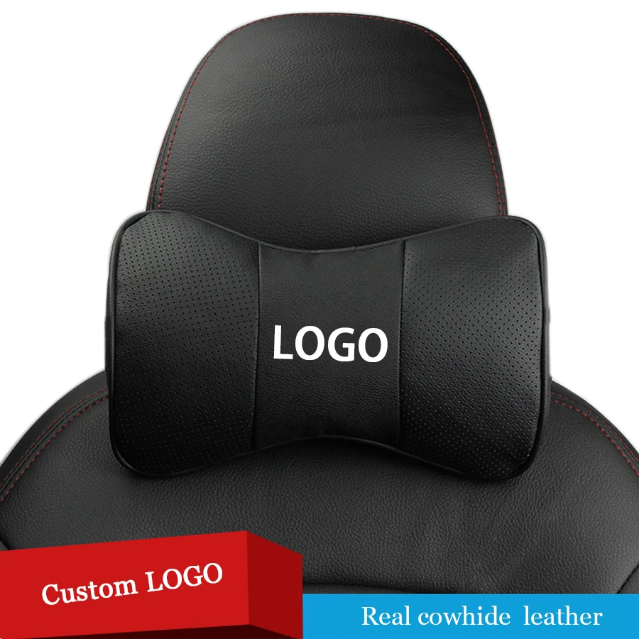 

2 PCS Genuine Leather Black Car Seat Rest Cushion Pad Headrest Car Neck Pillows Custom Logo for Jaguar Tesla Opel BMW Audi benz