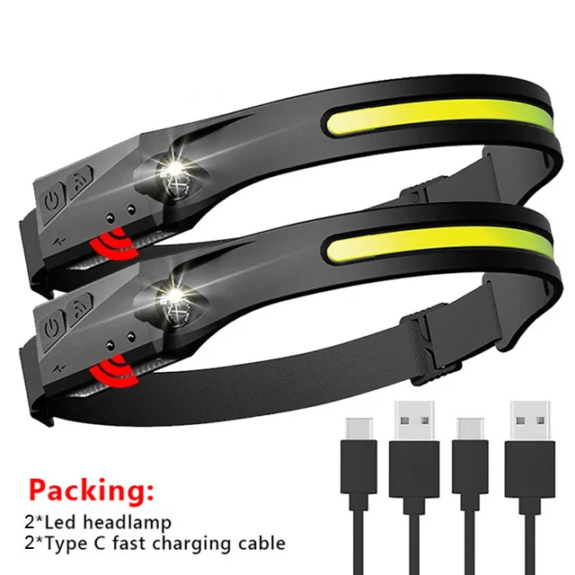 5 Lighting Modes COB LED Headlamp Sensor Headlight USB Rechargeable Head Lamp with Built-in Battery Flashlight Torch Work Light 2 pack