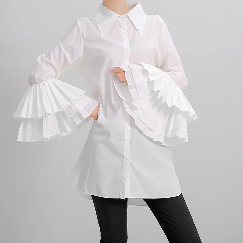 

[YaLee] New Fashion 2019 Summer Autumn Simple Laple Single Breasted Long Flare Sleeve Loose Blouse Shirt Women N112