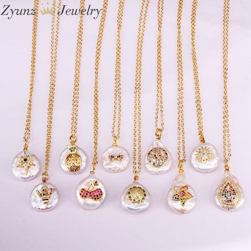

10PCS, Rainbow CZ Micro Paved Charm Nature Pearl Fashion Pendant Necklaces For Women Jewelry