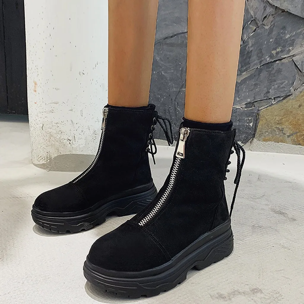 

Fashion women's Martin boots motorcycle platform ladies black PU leather shoes muffin with front zipper boots