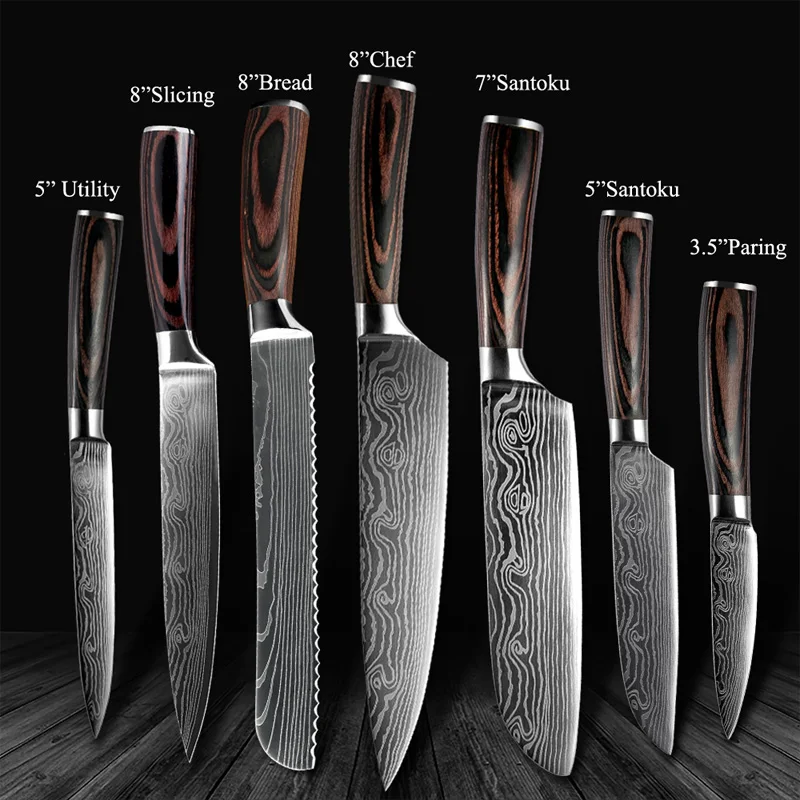 7 piece set Набор кухонных ножей из нержавеющей стали, лезвия из дамасской стали с лазерным узором, нож шеф-повара, инструменты для очистки овощей, кухонные инструменты Noze Kuchenne - Цвет: 7 piece set