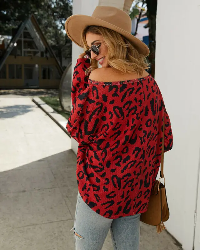 Женская футболка с леопардовым принтом в виде губ, осенняя Повседневная рубашка с воротником, пуловер с длинным рукавом, топы, бодикон, модная Базовая рубашка Топ