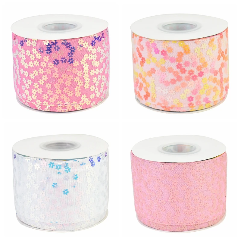 

HSDRibbon 3inch 75mm HSD-Genuine Bling Bling Flower Sequin Ribbon 25Yards/Roll