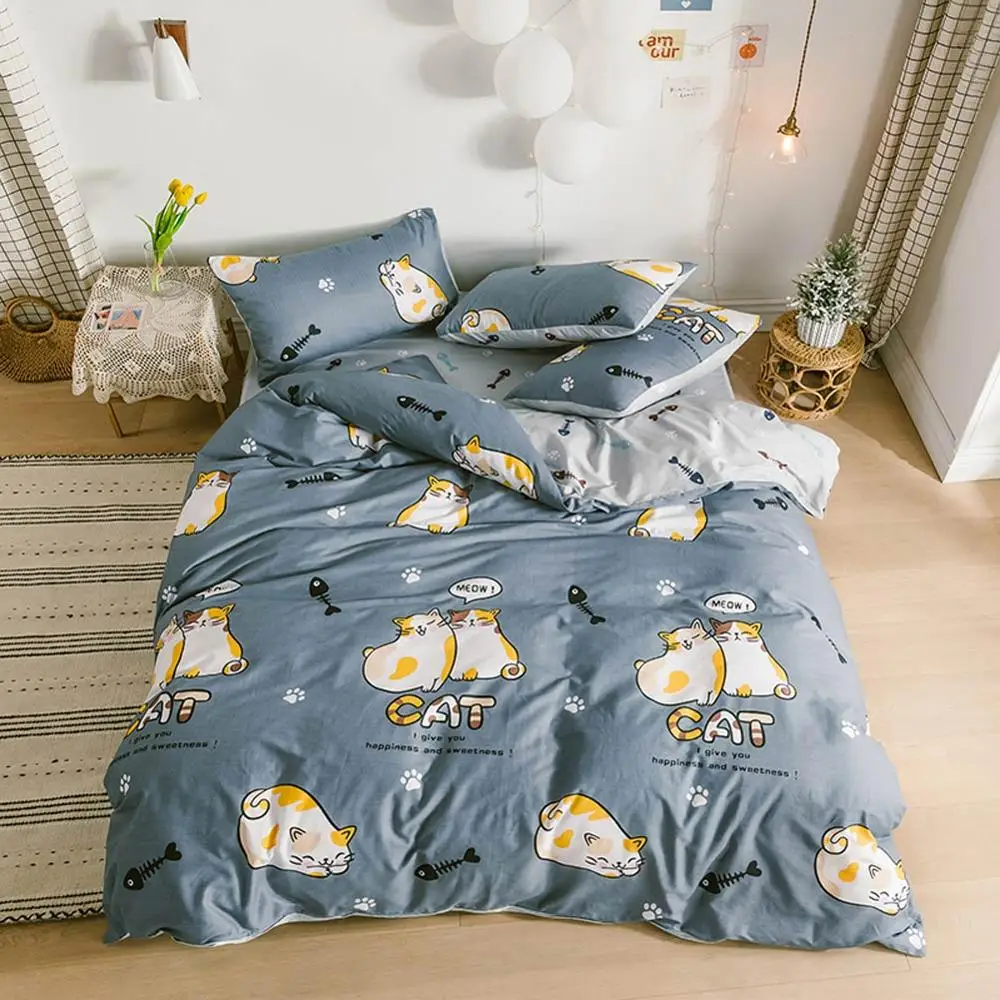 

Cartoon Grey INS Cats Meow Bedding Sets Twin Queen Flat Sheet Fitted Sheet High Count Cotton Bedlinens Duvet Cover Set