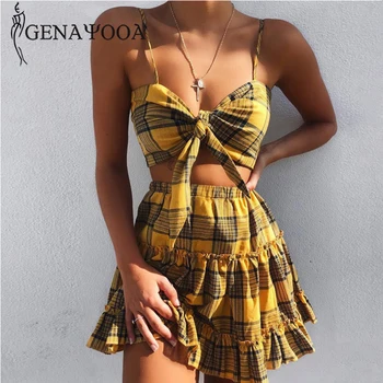 

Genayooa Summer 2 Piece Set Women 2020 Plaid Two Piece Set Top And Skirt Sexy Club Outfits For Women Sleeveless Lace Up Top
