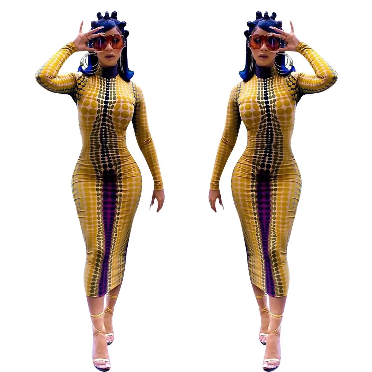 

Women Colorful Print Polka Dot Dress Sexy Stand Neck Midi Pencil Dress Autumn Party Night Club Bodycon Dresses