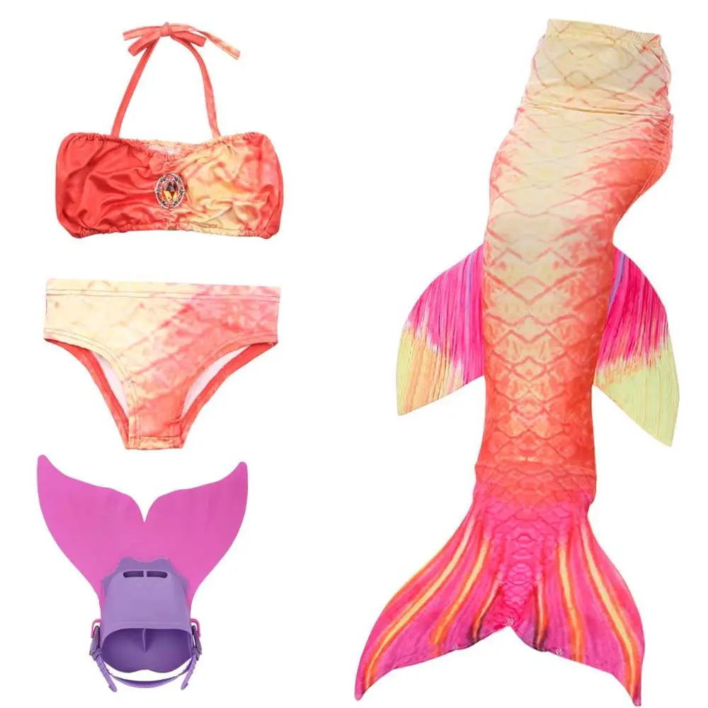 4pcs set 3 Для девочек с хвостом русалки купальный костюм для плавания детский маскарадный костюм Маскарадный костюм «Принцесса Ариэль»; блестящий хвост, костюм для купания - Цвет: 4pcs set 3