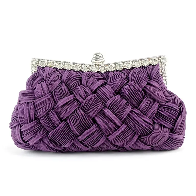 Luxy Moon Purple Rhinestone Braided Soft Clutch Bag Front View